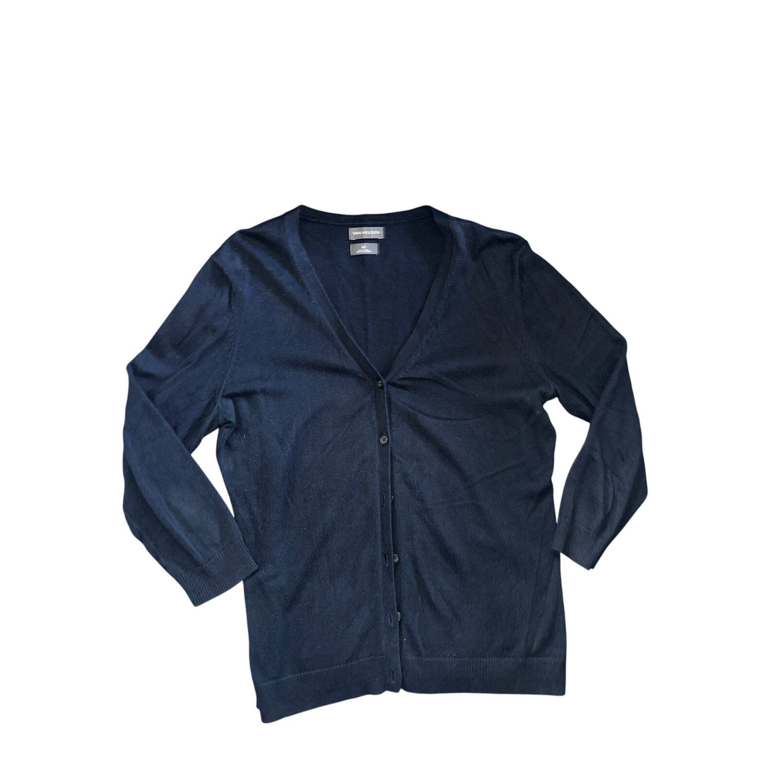 Van Heusen Button v-neck blue cardigan medium casual preppy academia Size M / US 6-8 / IT 42-44 - 1 Thumbnail