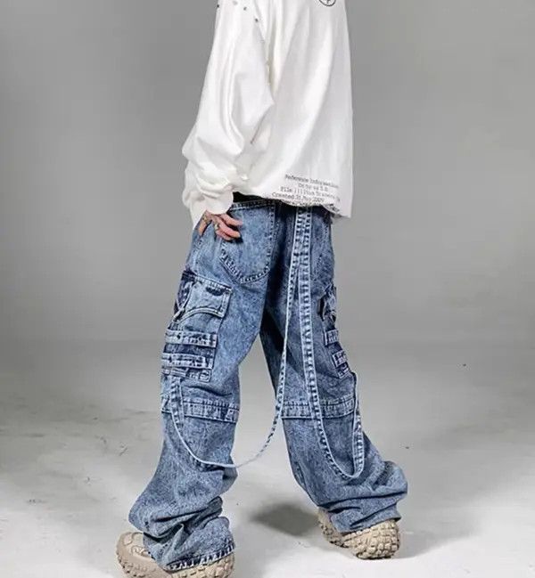 VIBE Heavy washed street style long strap wide leg jeans Size US 32 / EU 48 - 2 Thumbnail