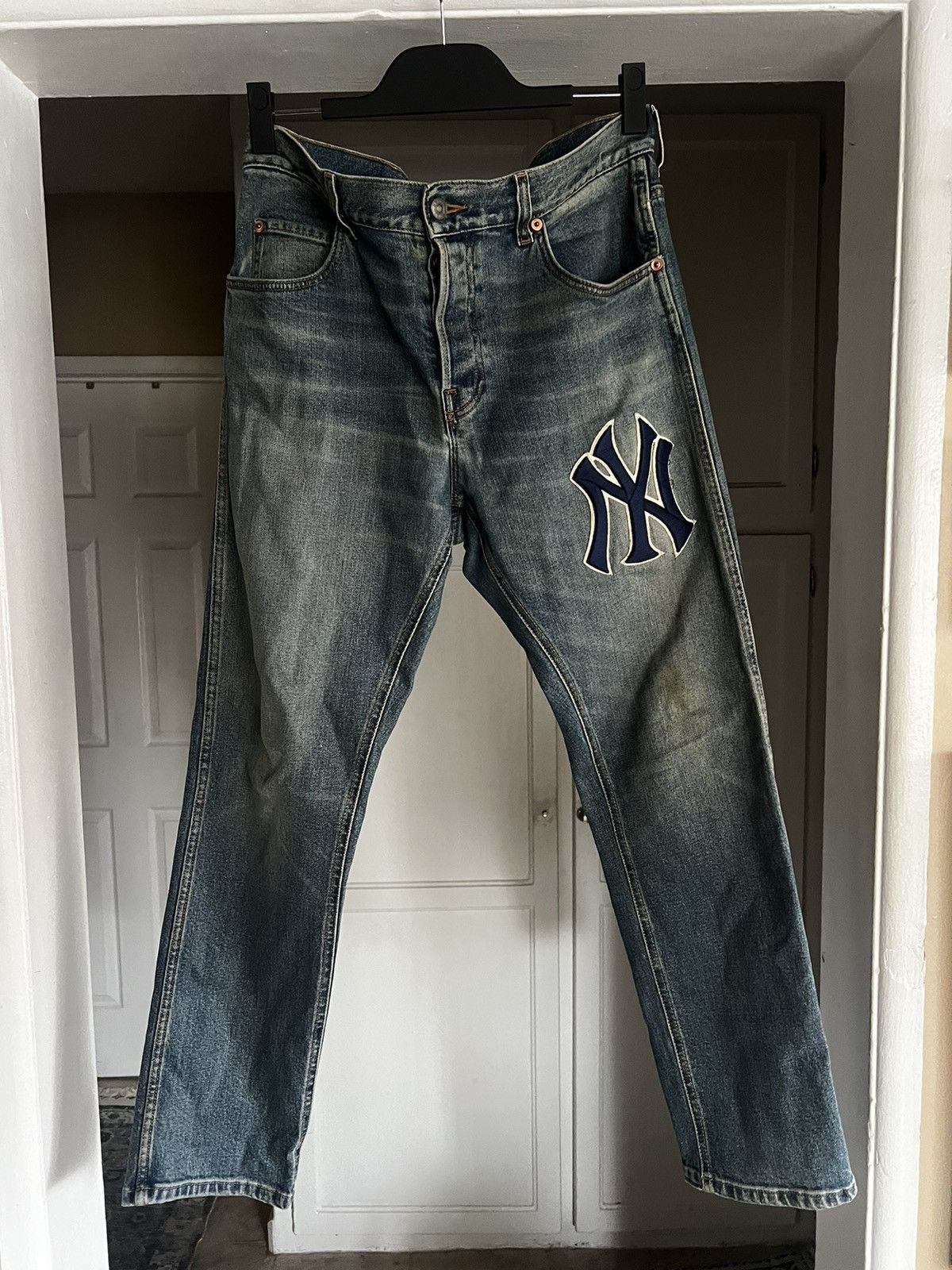 image of Gucci Ny Yankees Straight Leg Denim in Blue, Men's (Size 36)