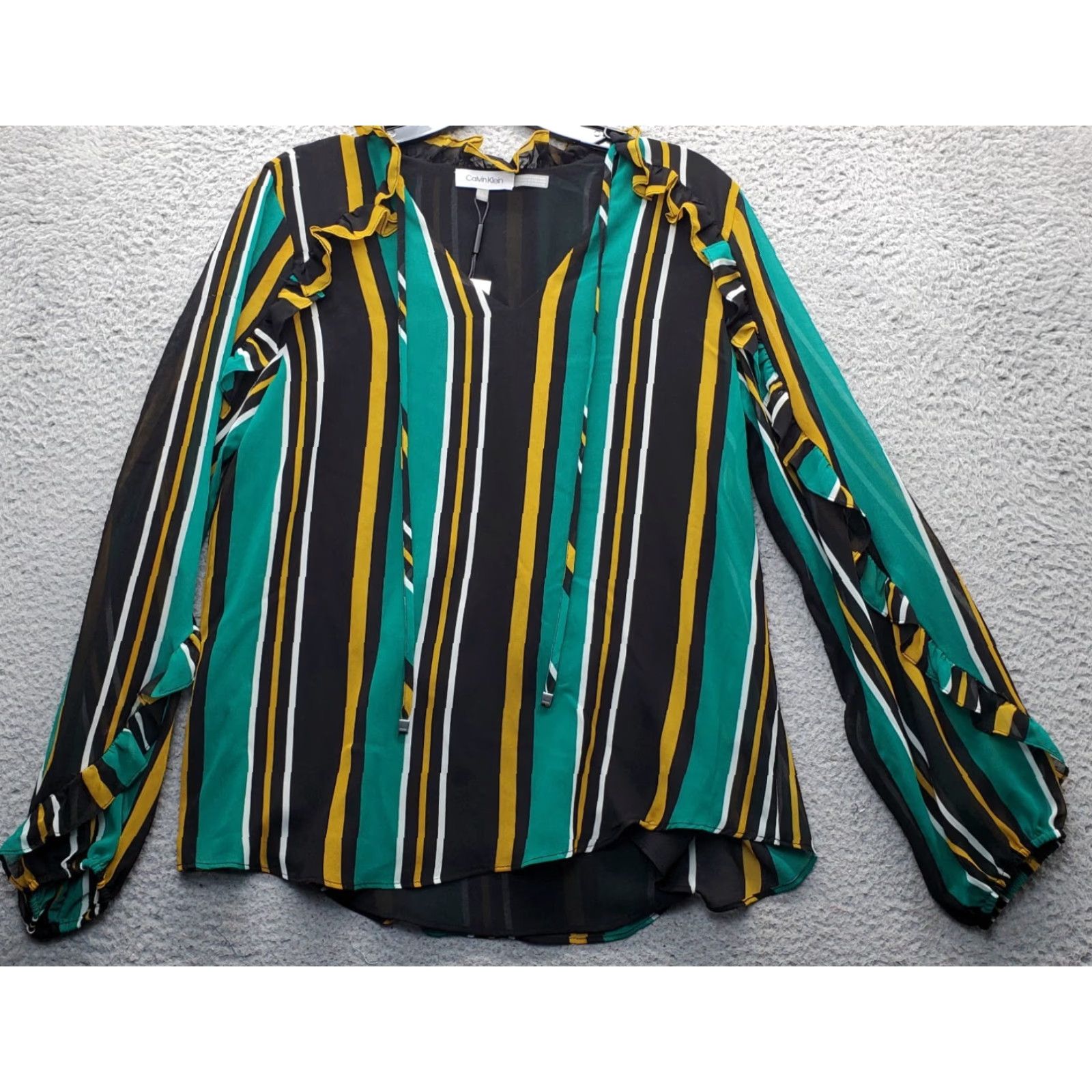Calvin Klein Calvin Klein Blouse Top Womens Small Multicolor Striped Ruffle Long Sleeve Tie Front Size S / US 4 / IT 40 - 2 Thumbnail