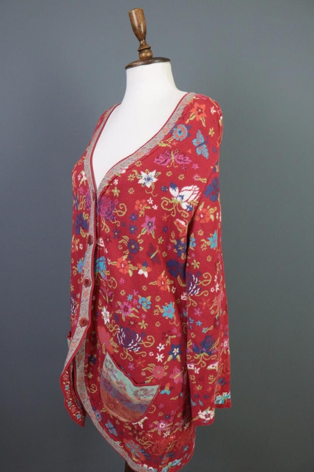 Designer Dunque Red Floral Wool Button Cardigan Sweater Size XL Size XL / US 12-14 / IT 48-50 - 6 Thumbnail
