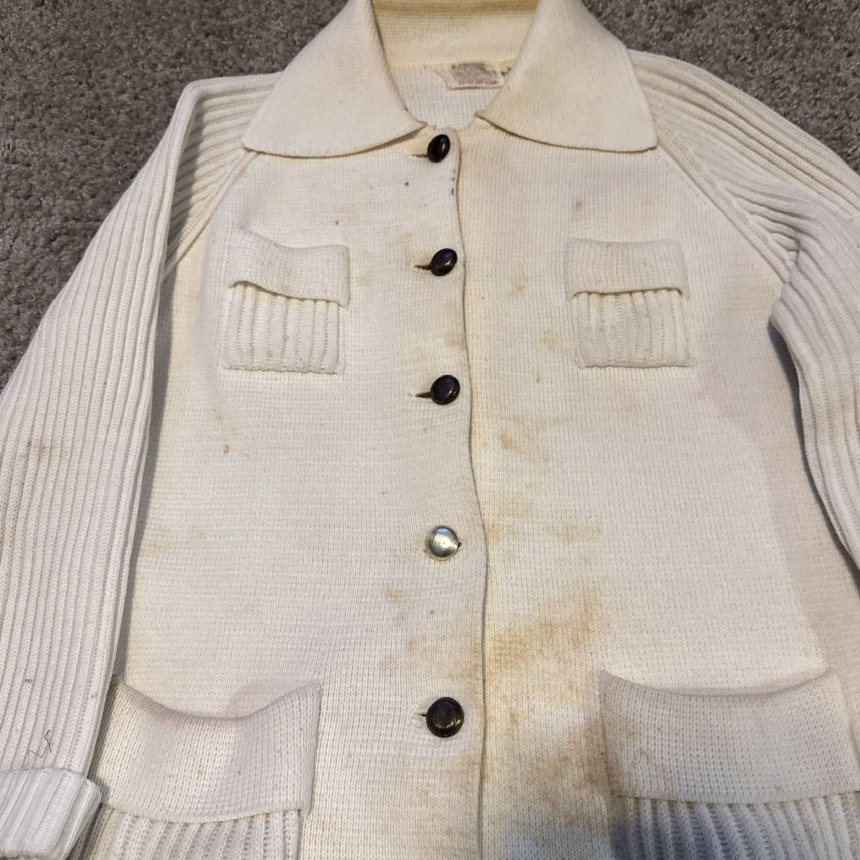 Vintage VINTAGE Montgomery Ward Cardigan Sweater Men's 42 White 4-Pocket Acrylic Knit Stripes Stains Size US XL / EU 56 / 4 - 4 Thumbnail