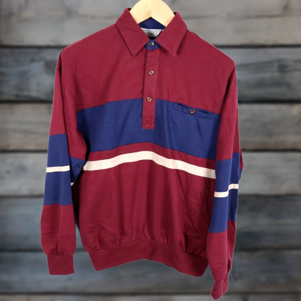 Vintage Palmland Long Sleeve Polo Shirt Men's Medium Dark Red Blue Stripe Retro VTG Shirt Mens Medium Red Blue Stripe Polo Size US M / EU 48-50 / 2 - 1 Thumbnail