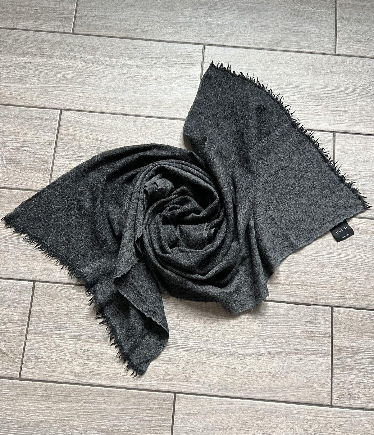 Gucci Gucci Scarf Monogram Wool Black Grey Logo Print Size ONE SIZE - 2 Thumbnail