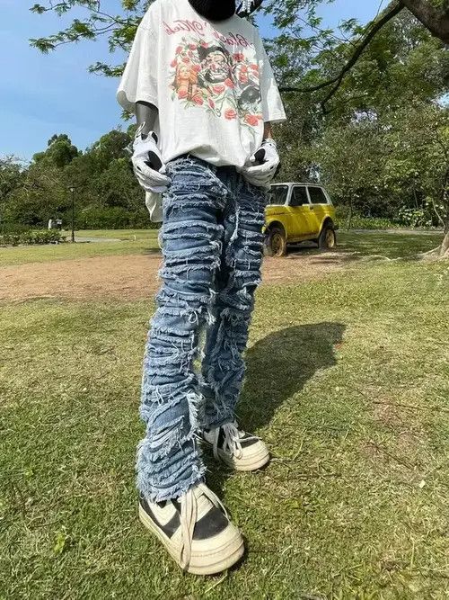 Designer × Hypebeast × Jean Pants urban patch damaged fade skate cargo flared jeans Size US 30 / EU 46 - 1 Thumbnail
