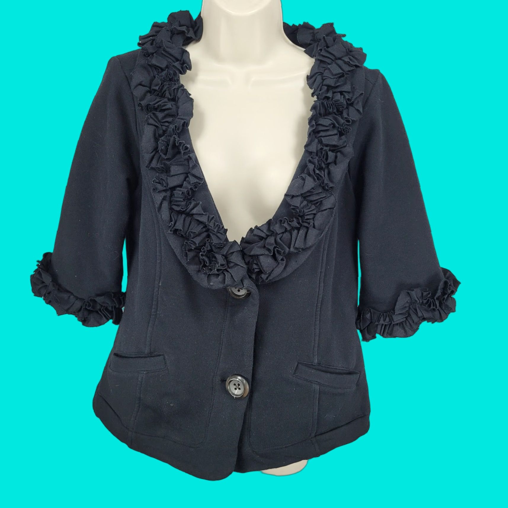 Nordstrom Nick & Mo Nordstrom Black Buttoned Ruffle 3/4 Sleeve Stretch Jacket Large L Size L / US 10 / IT 46 - 1 Thumbnail