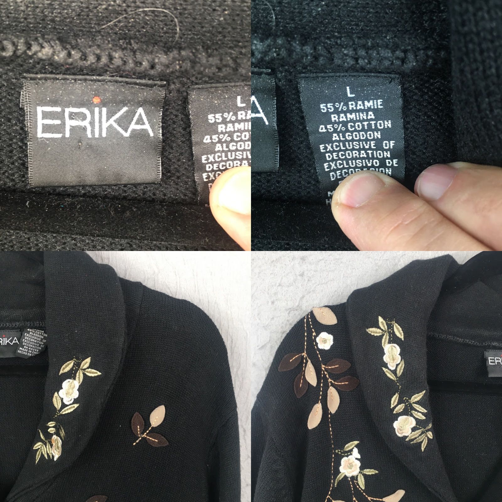 Vintage ERIKA Sweater Women L Black Ramie Embroidery Floral Cardigan Boho Long Sleeve Collared Knit Size L / US 10 / IT 46 - 8 Thumbnail