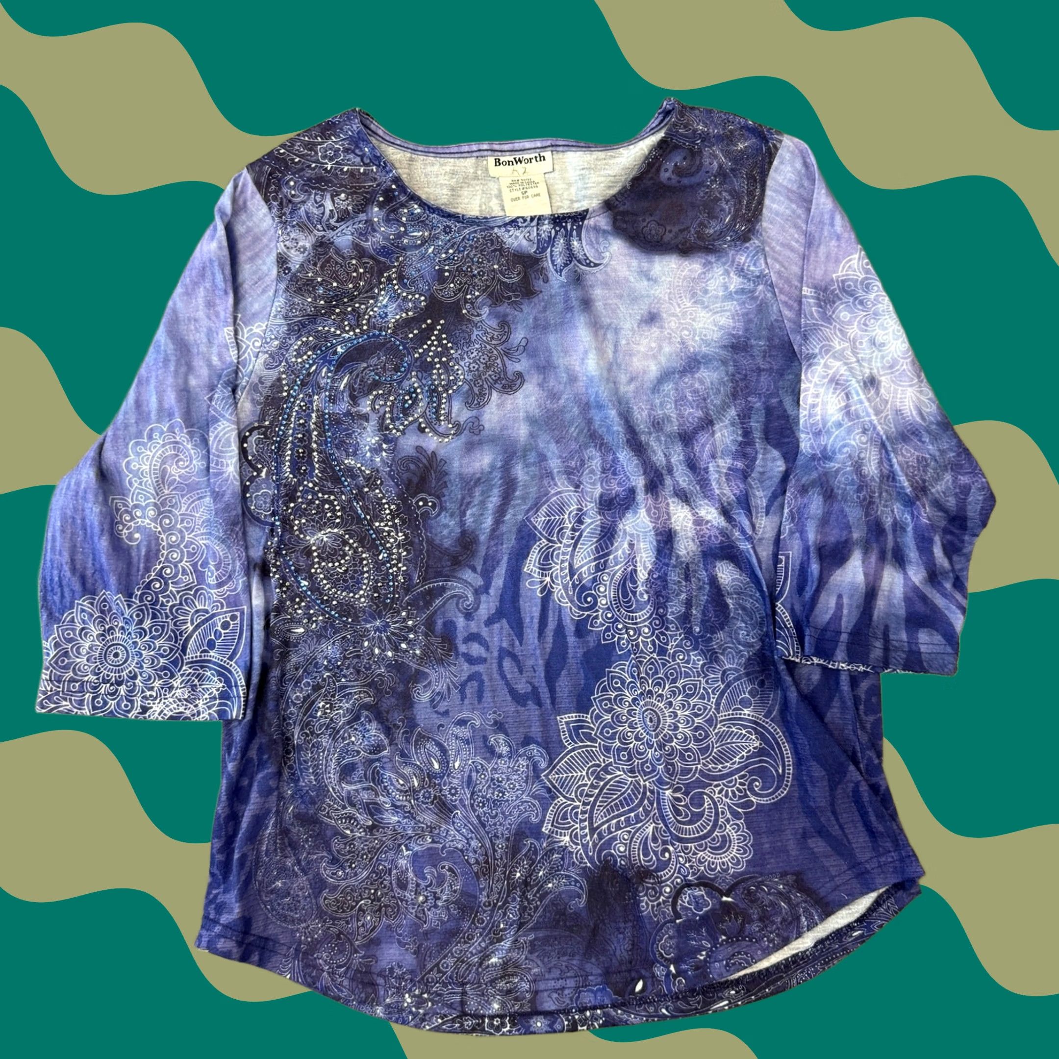 Vintage VINTAGE Mcbling Embellished Rhinestone Floral Tie Dye Purple Longsleeve S BonWorth Blouse Adult Women 3/4 Sleeve Pullover Size S / US 4 / IT 40 - 1 Thumbnail