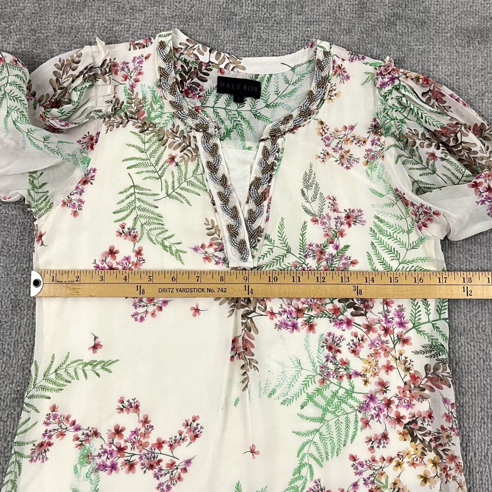 Vintage VINTAGE Hale Bob Women's Blouse Top Small White Floral Silk Sheer Beaded Balloon Sleeve Size S / US 4 / IT 40 - 6 Thumbnail