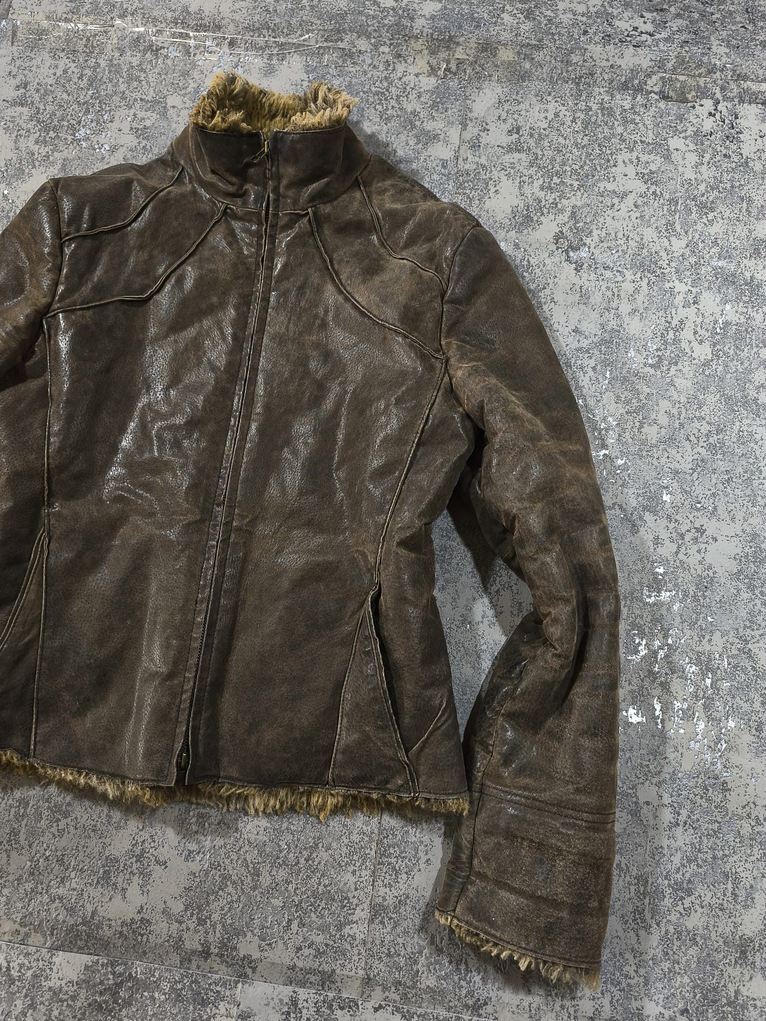 Genuine Leather moto highcollar distressed pigskin leather fauxfur jacket Size M / US 6-8 / IT 42-44 - 6 Thumbnail