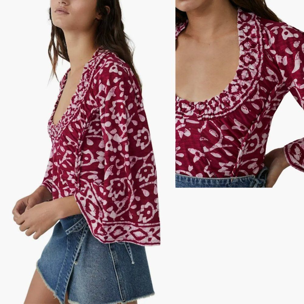 Free People New Free People On the Block Bell Sleeve Berry Combo Cotton Size L / US 10 / IT 46 - 2 Thumbnail