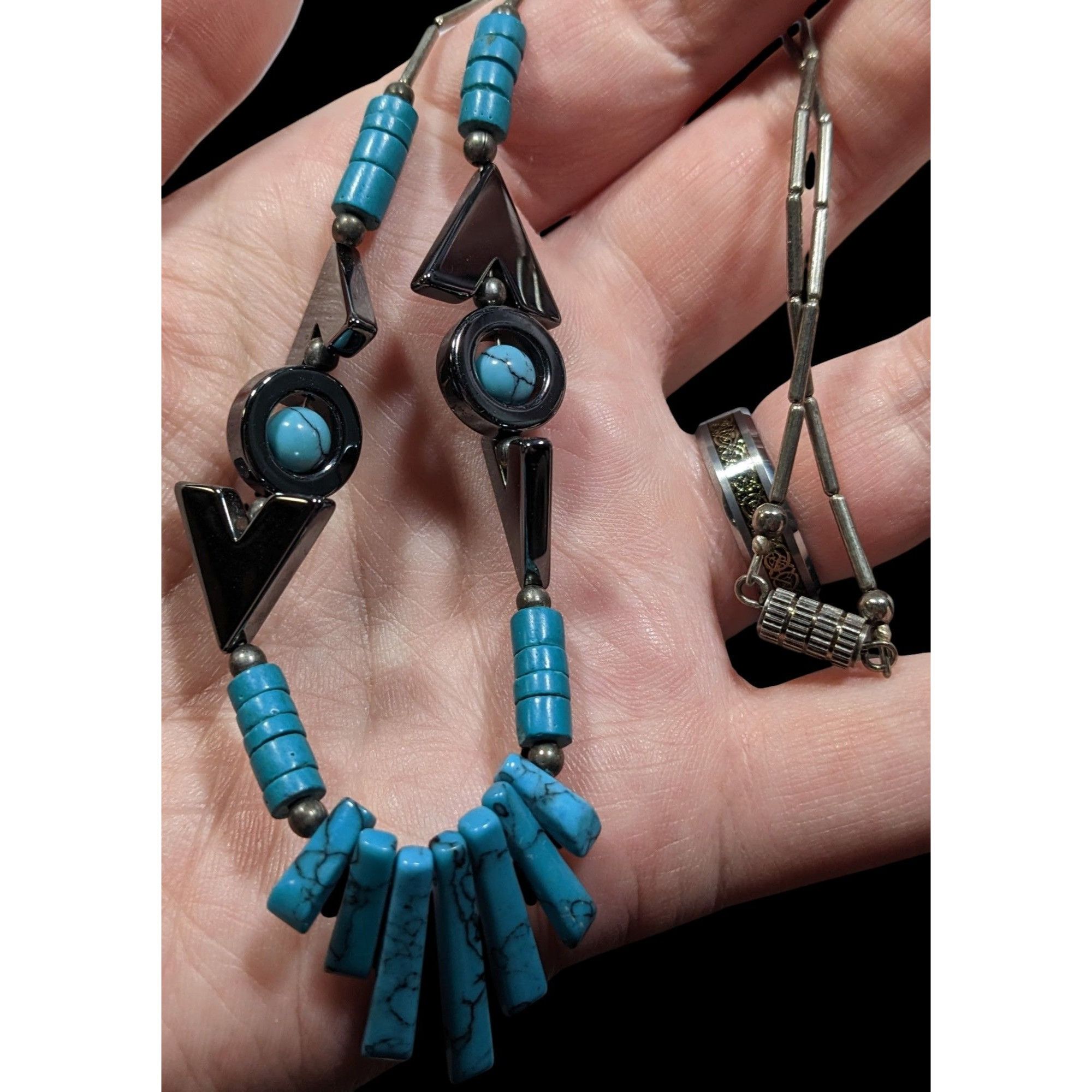 Other Vintage Southwestern Hematite Liquid Silver And Faux Turquoi Size ONE SIZE - 6 Thumbnail