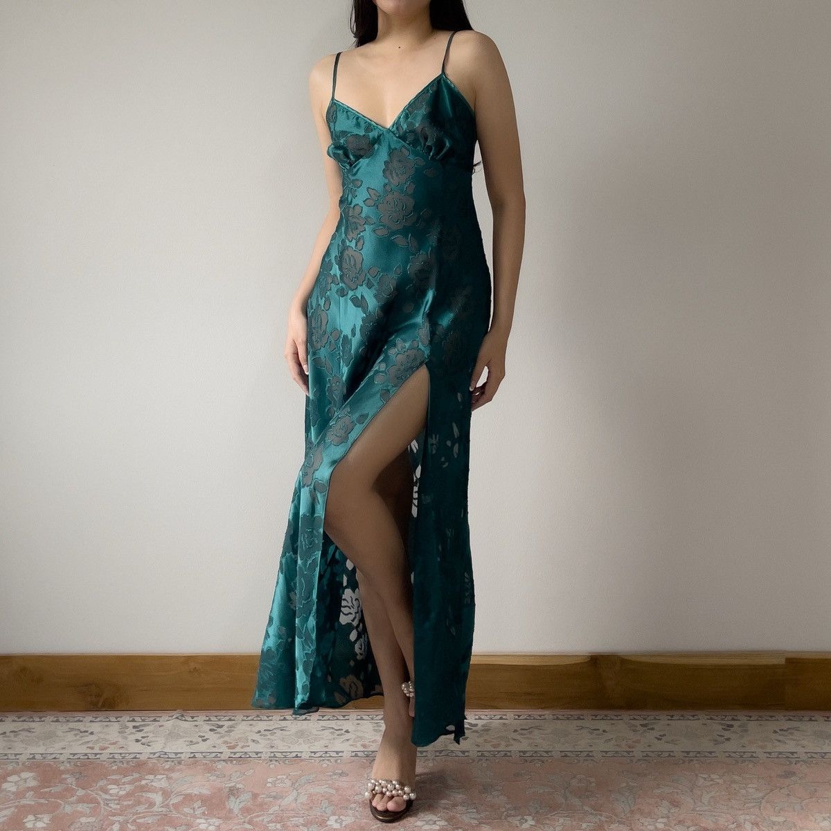 Victoria's Secret Victoria’s Secret 1990s Green Floral Burnout Slip Dress (L) Size L / US 10 / IT 46 - 2 Thumbnail