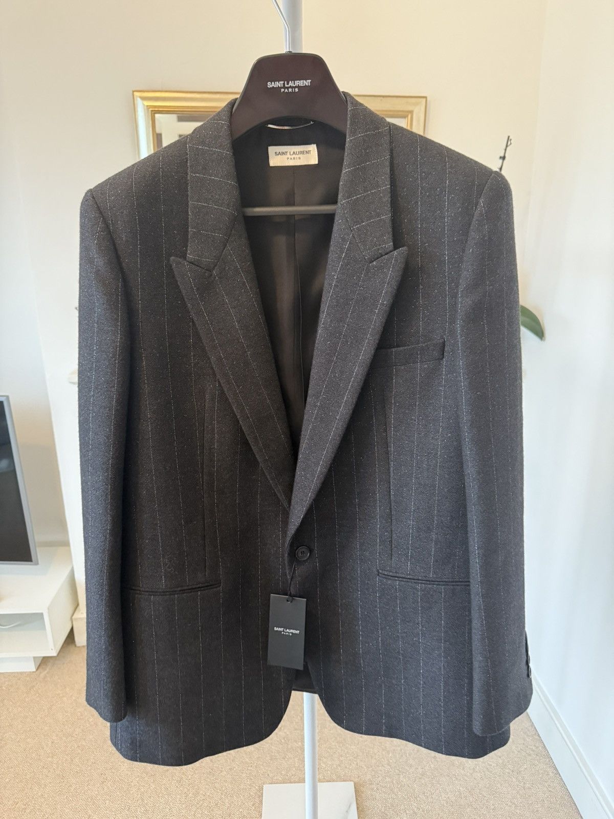 Saint Laurent Paris FW22 Saint Laurent Dark Grey Pinstriped Blazer Jacket Size 54R - 2 Thumbnail