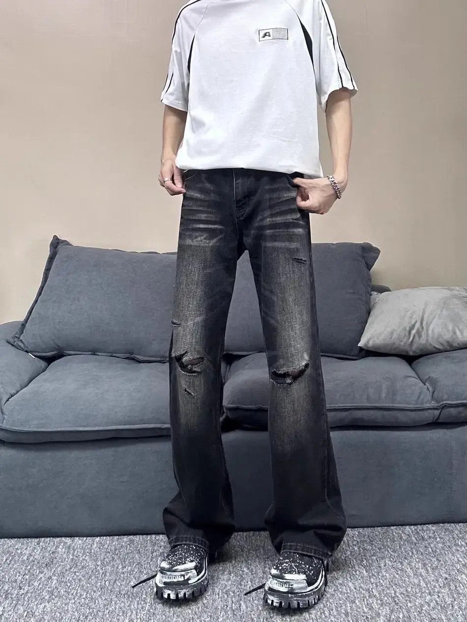 Japanese Brand Retro straight leg slightly flared distressed jeans Size US 32 / EU 48 - 6 Thumbnail