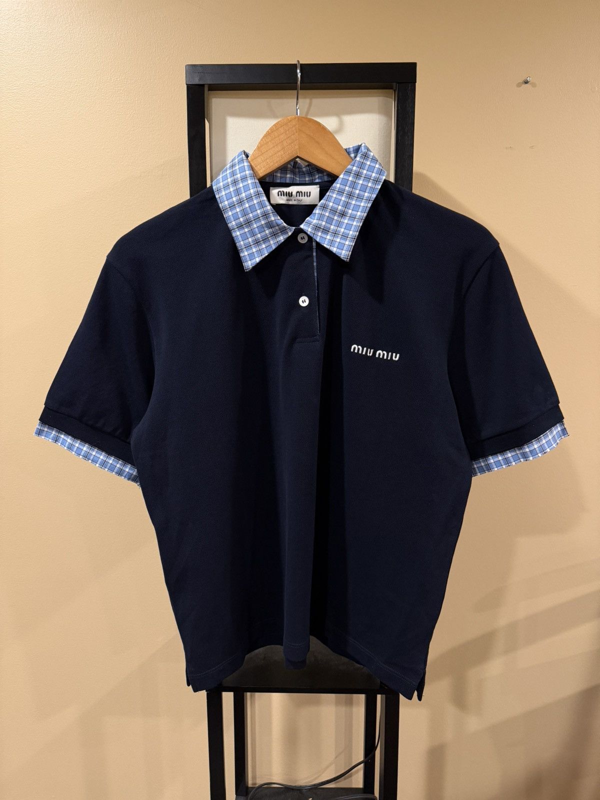 Miu Miu Navy SS 2024 Pique & Poplin Plaid Collar Polo Shirt
