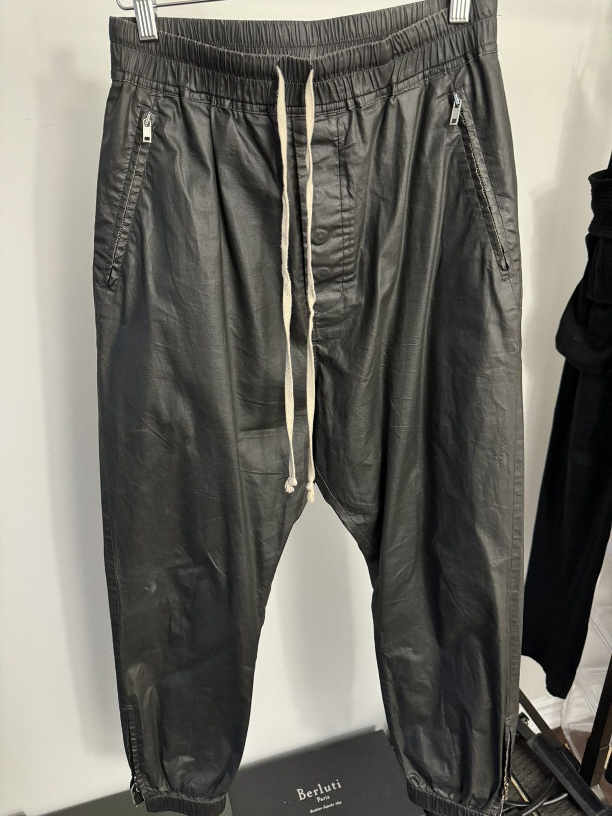 image of Rick Owens Black Waxed Track Pants, Men's (Size 30)