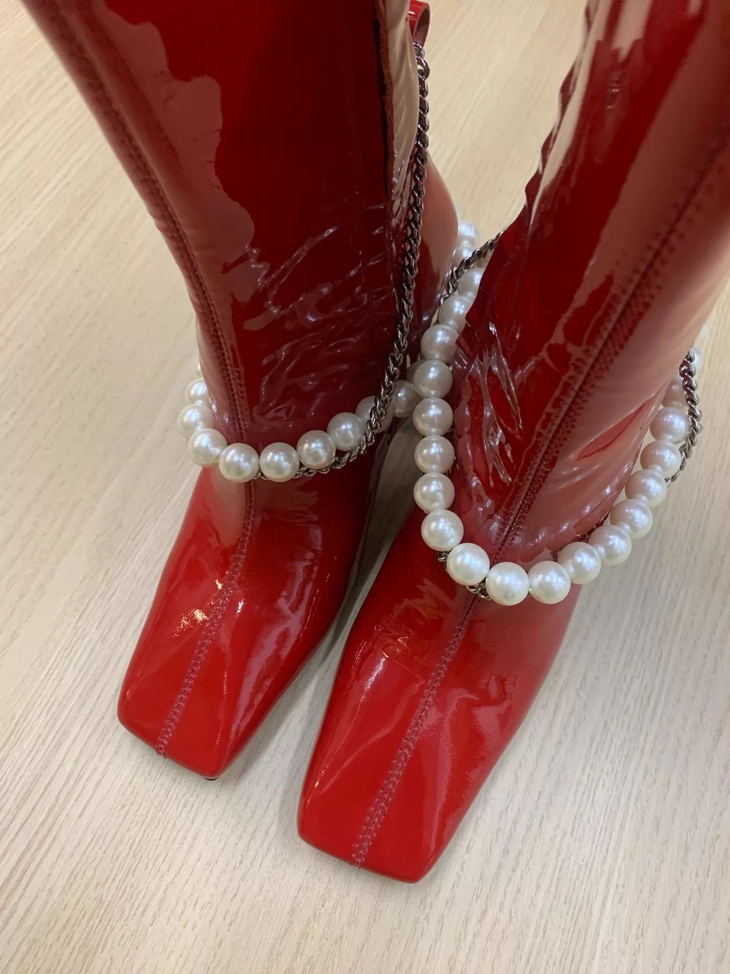 Other Nina Zarqua Red Pearl Chain Square Toe Riding Boot 37 Unworn Size US 6.5 / IT 36.5 - 2 Thumbnail