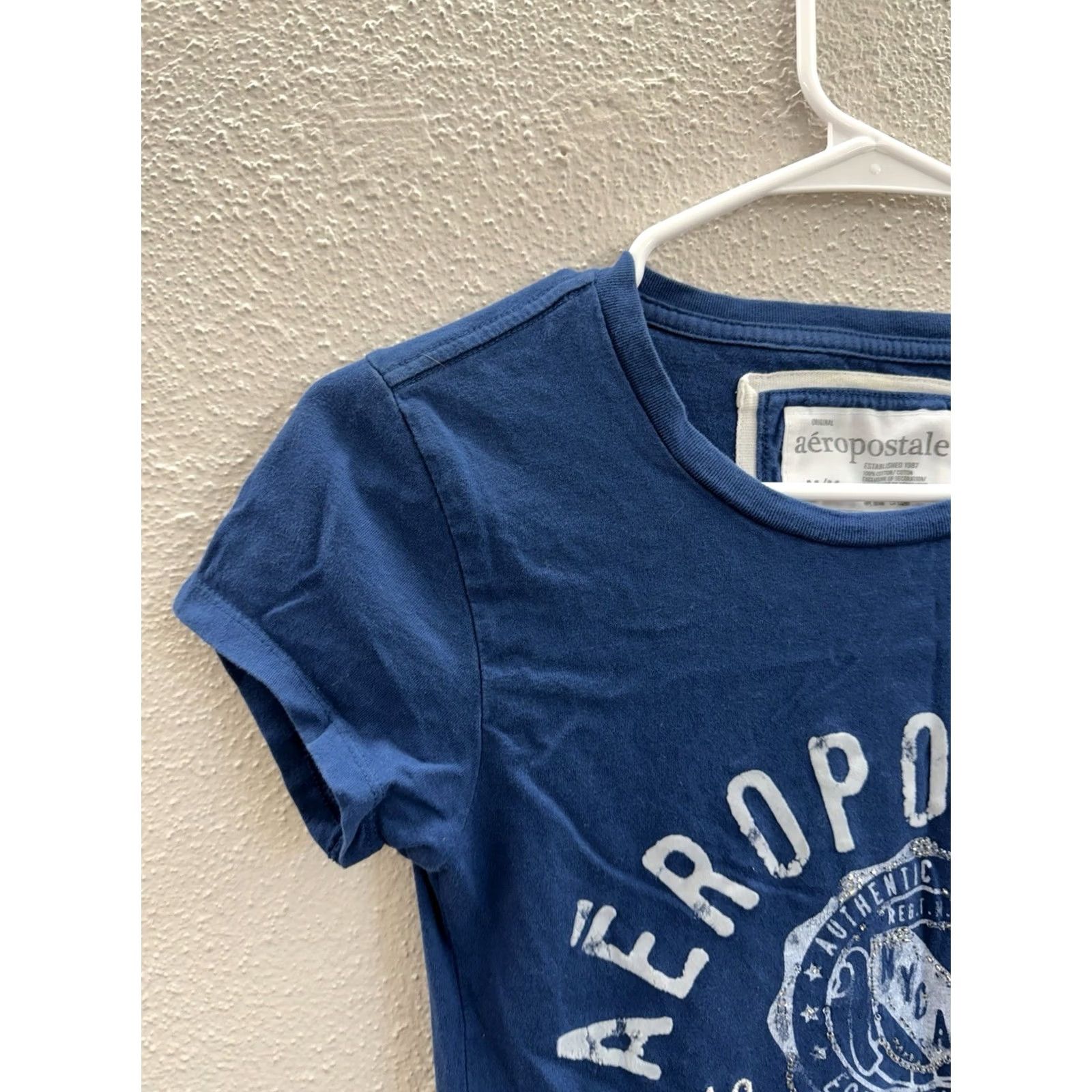 Vintage AeroPostale Shirt Blue Logo Short Sleeve 2000s Y2K Womens Medium Regular Cotton Knit T-Shirt Solid 90s City College Womens Size M / US 6-8 / IT 42-44 - 3 Thumbnail