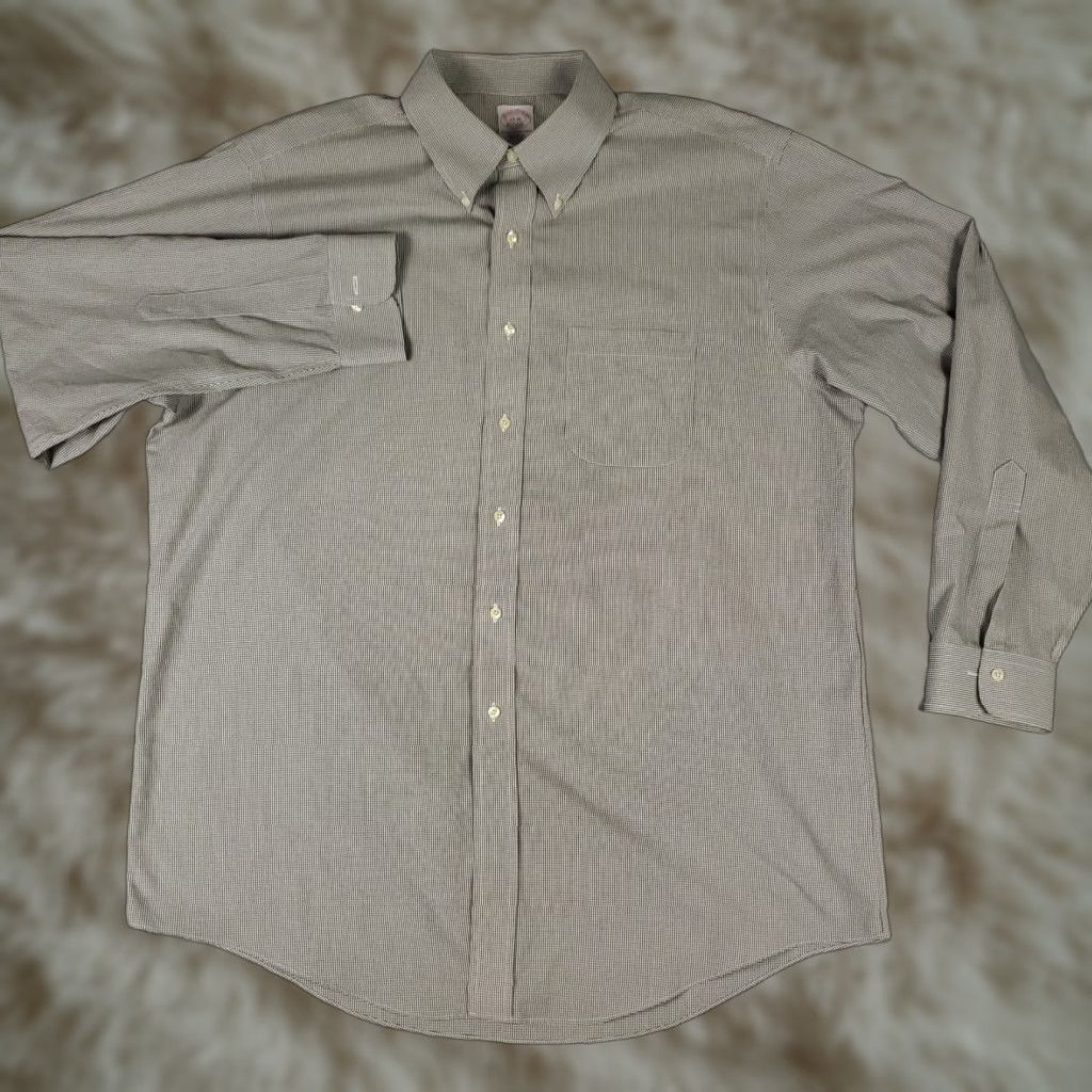 Brooks Brothers Brooks Brothers Shirt Mens 17 Brown Dress Button Up Long Sleeve Regular 100% Cotton Check Pattern Womens? Mens Size 46R - 1 Thumbnail