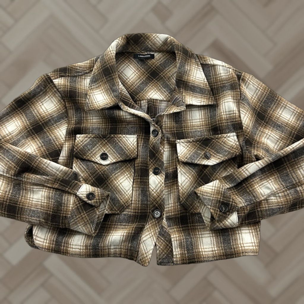 LAMARQUE Lamarque Plaid Flannel Cropped Long Sleeve Button Front Jacket Women's S Brown Size S / US 4 / IT 40 - 1 Thumbnail