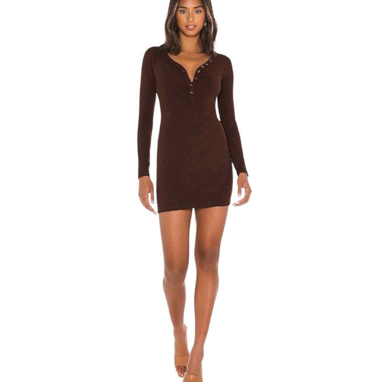 Lovers and Friends Lovers + Friends Alice Ribbed Dress Long Sleeve Large Brown Size L / US 10 / IT 46 - 1 Thumbnail