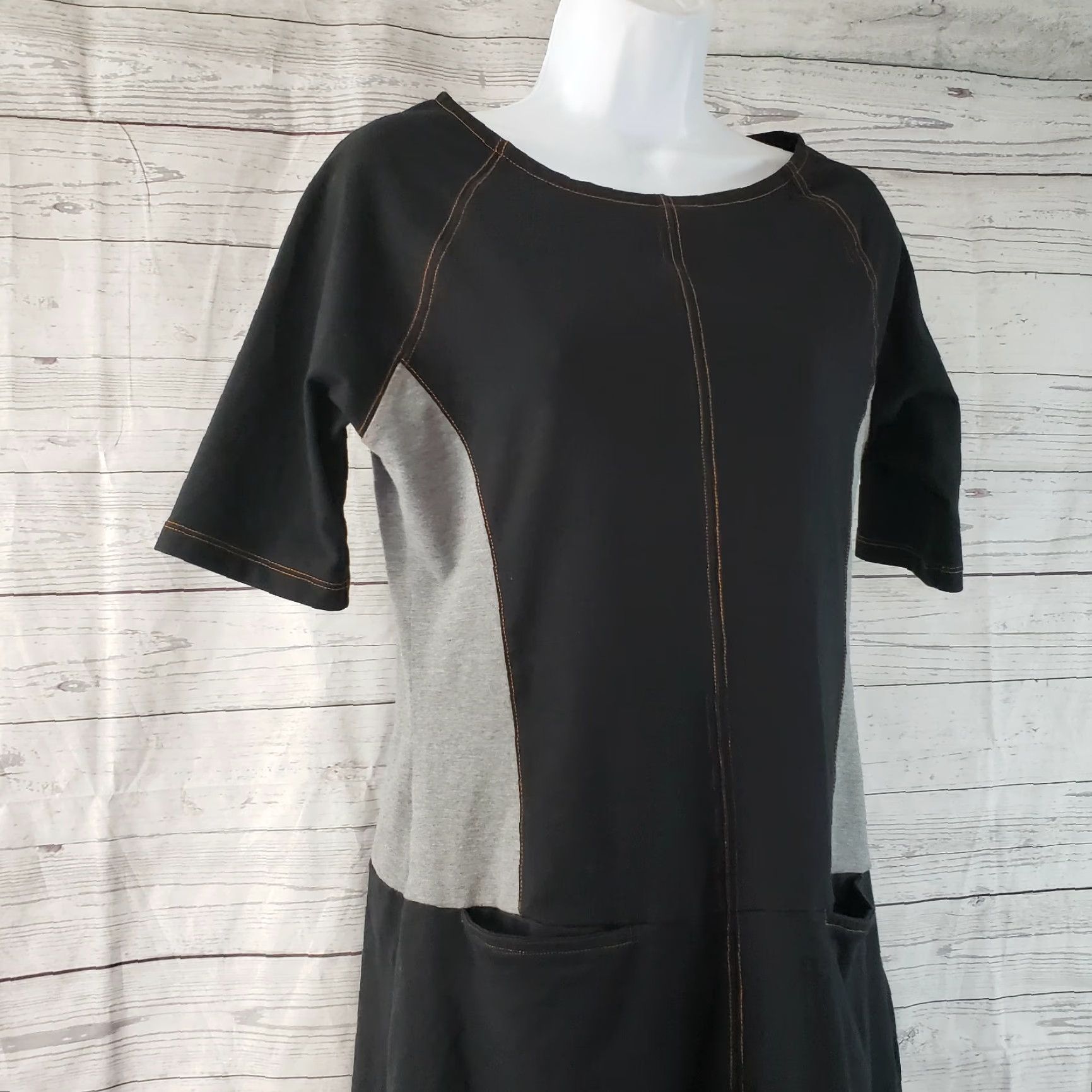 Vintage Sahalie Womens Dress M Black Gray Pockets Elbow Sleeves Cotton Blend Shift Size M / US 6-8 / IT 42-44 - 2 Thumbnail