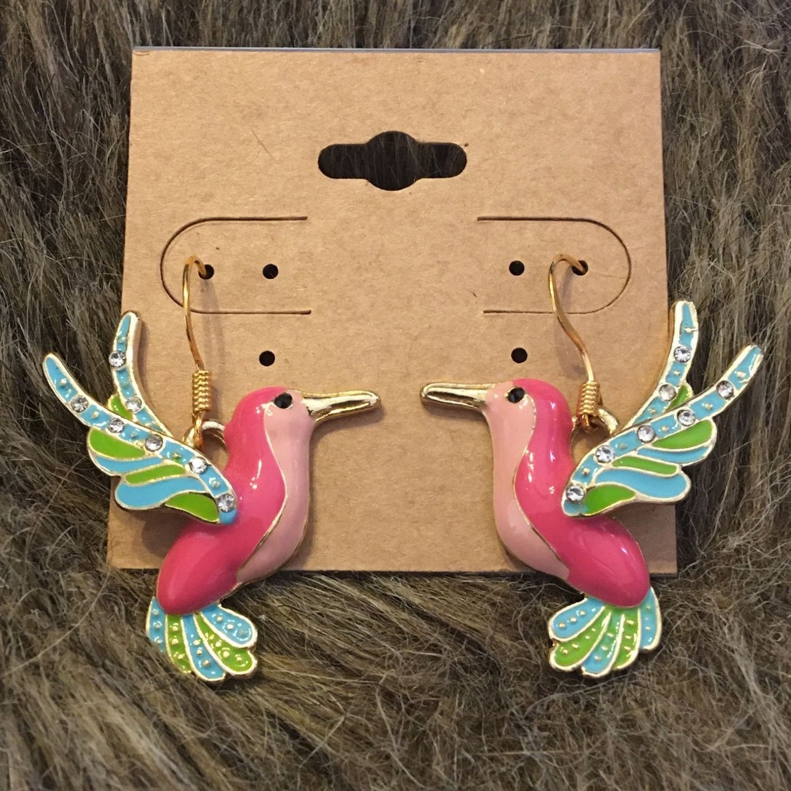 Jewelry Enamel Rhinestone Hummingbird Fish Hook Earrings in Green, Women's