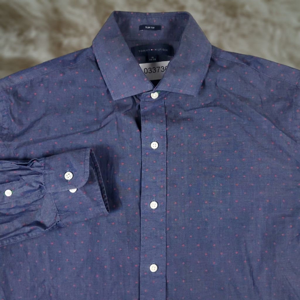 Tommy Hilfiger Tommy Hilfiger Dress Shirt Mens 16 Blue Geometric Button Up Long Sleeve Size 42R - 1 Thumbnail