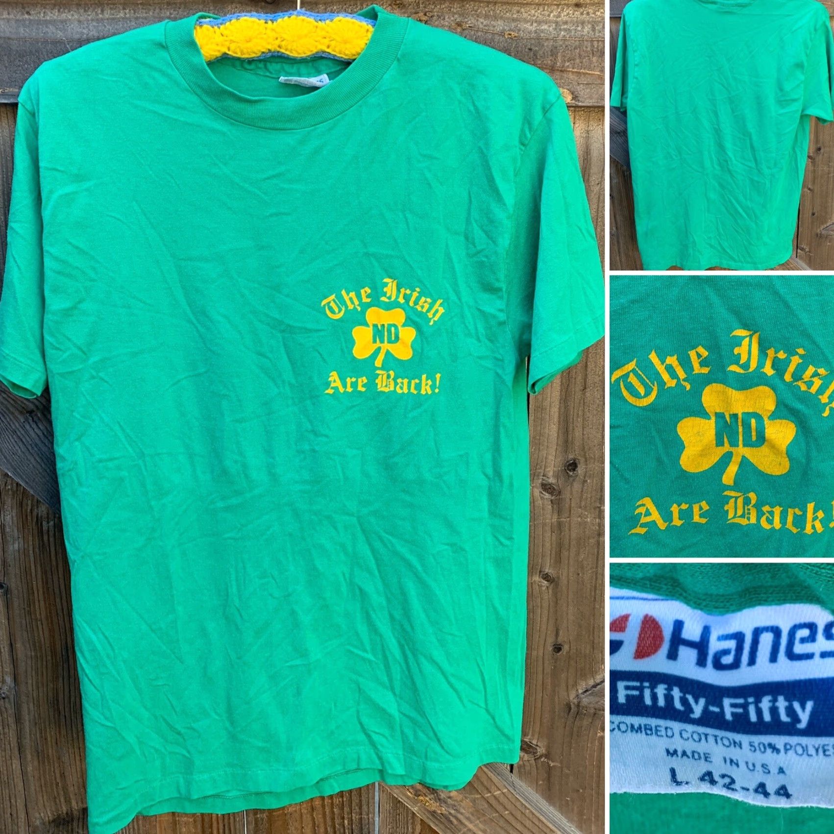 Hanes VINTAGE The Irish Are Back ND Notre Dame T Shirt Single Stitch USA Made Size L Mens Green 1980s Graphic Tee Shirt Size US L / EU 52-54 / 3 - 2 Thumbnail