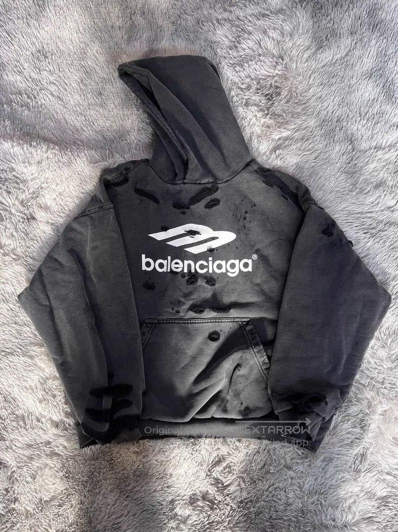Balenciaga Balenciaga 3B Washed Destroyed Hooded Sweatshirt Size US XS / EU 42 / 0 - 1 Thumbnail