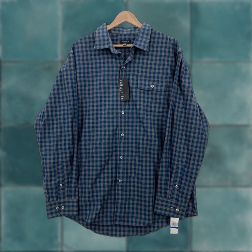 Van Heusen Van Heusen Shirt Mens XL 17-17.5 Blue Ultramarine Heather Plaid Button-Down NWT Size US XL / EU 56 / 4 - 1 Thumbnail