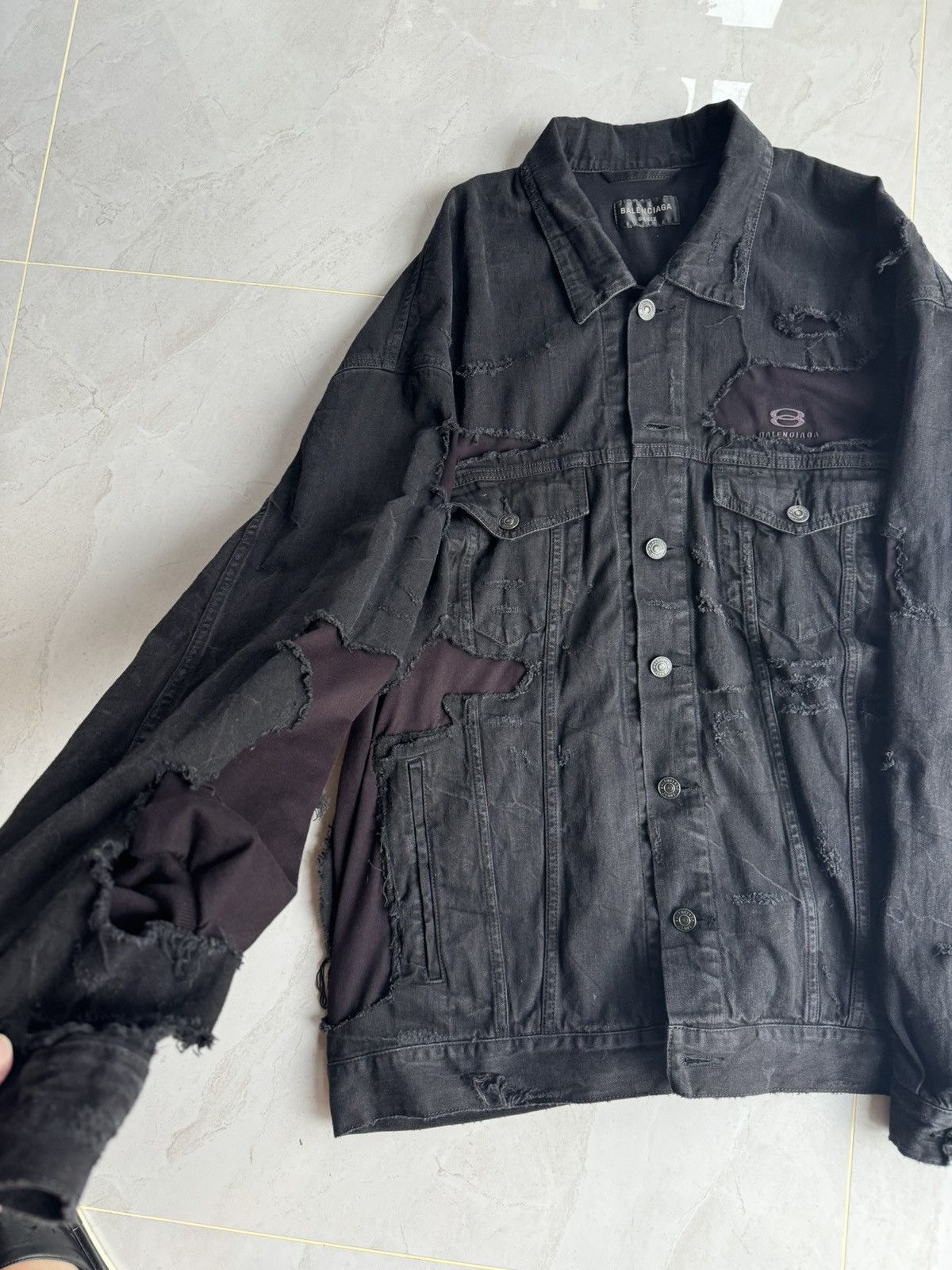 Balenciaga Balenciaga AW24 Unity Sport Destroyed Denim Jacket Sz. 2 Size US M / EU 48-50 / 2 - 9 Thumbnail