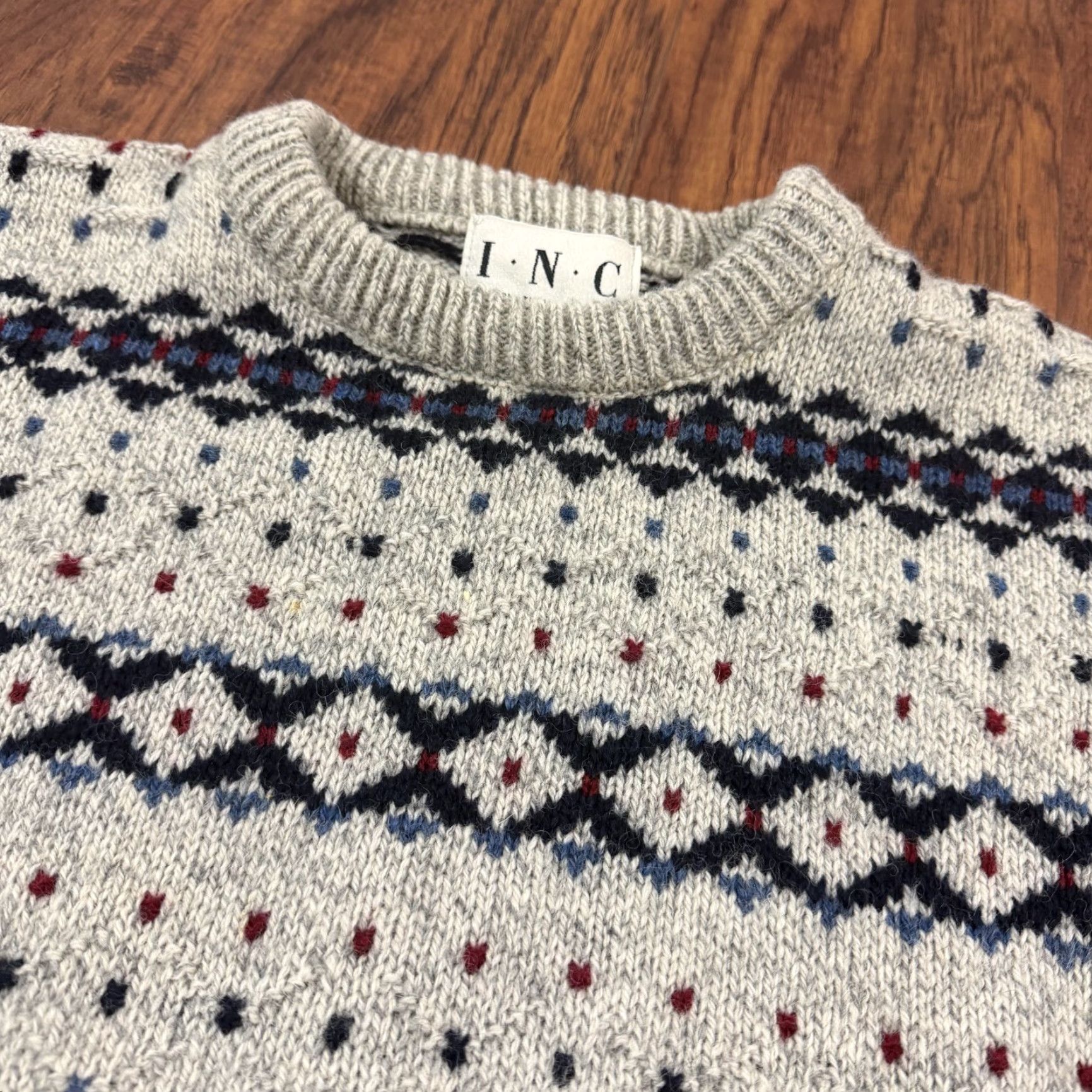 Vintage VINTAGE INC International Concepts Sweater Mens M Gray Wool Fair Isle Pullover Knit Crew Neck Winter Fall Size US M / EU 48-50 / 2 - 2 Thumbnail