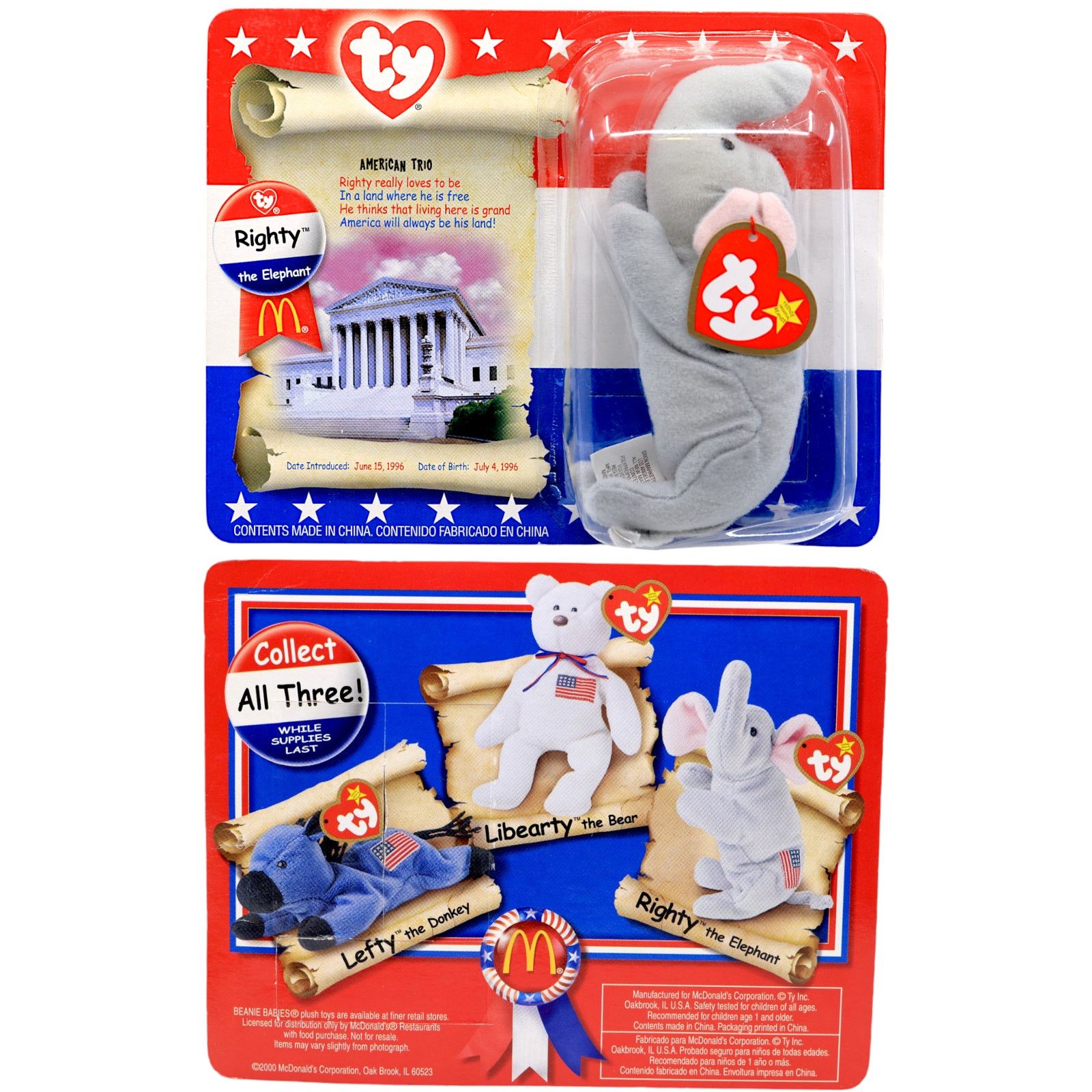 Vintage Teenie Beanie Babies 2000 American Trio Righty & Lefty Size ONE SIZE - 5 Thumbnail