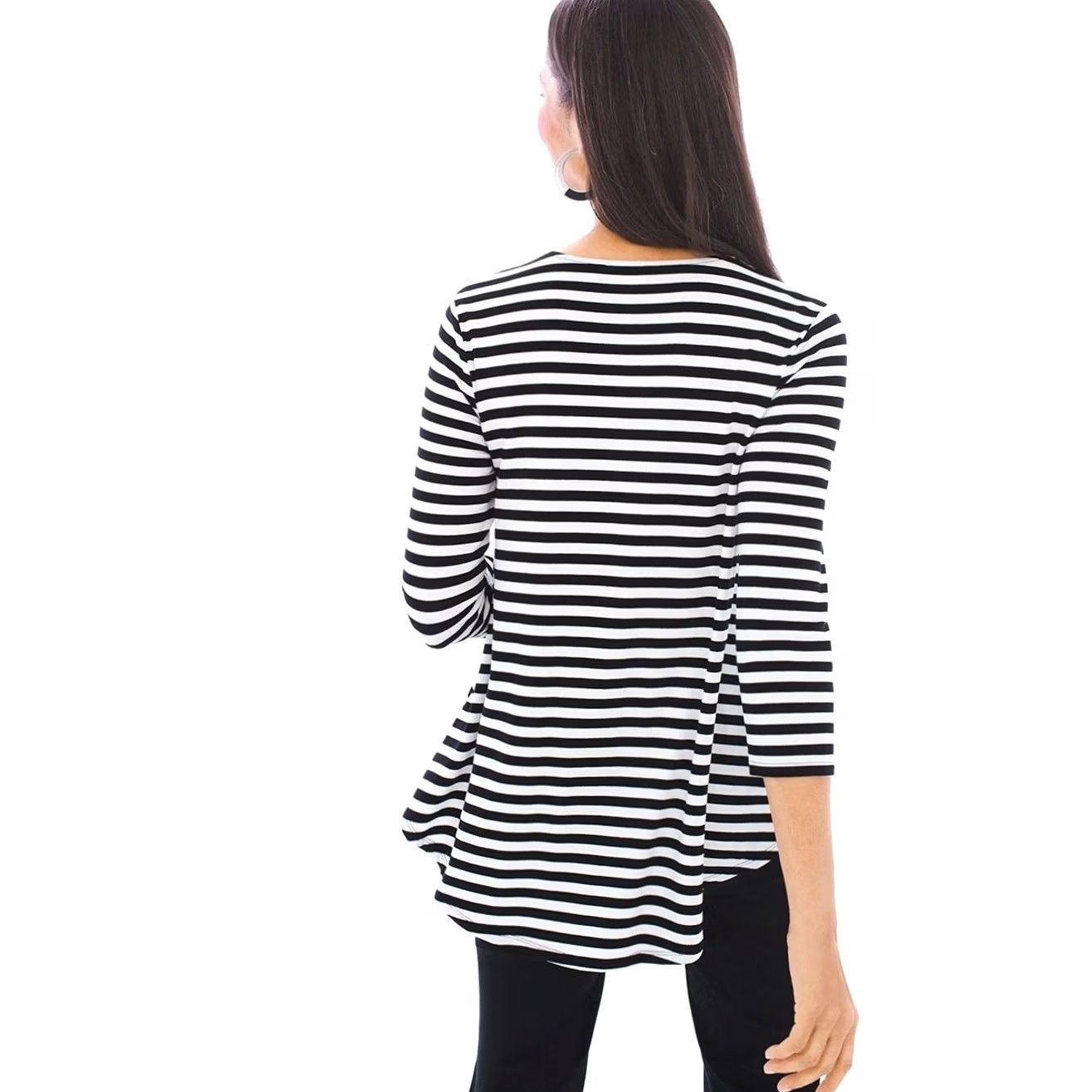 Vintage Chico's Striped Knit Top Criss Cross Neckline 3/4 Sleeve Black White Sz 1 (M-8) Womens Blouse Stretch Size M / US 6-8 / IT 42-44 - 6 Thumbnail