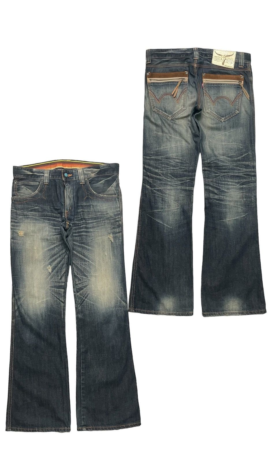 Edwin 2000s EDWIN BLUE TRIP FLARE PANT DISTRESSED Size US 35 - 1 Thumbnail