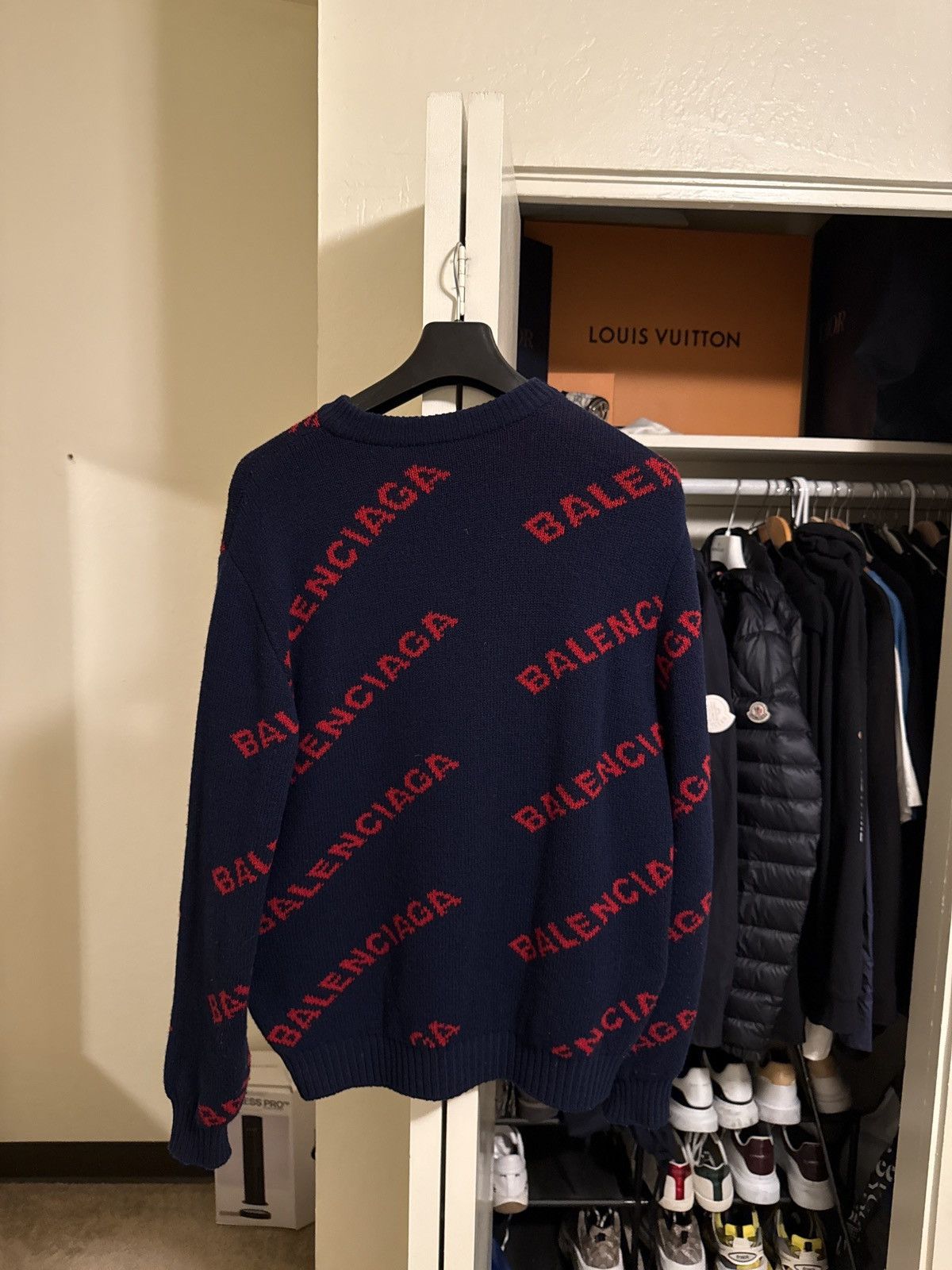 Balenciaga Balenciaga Allover Logo Intarsia Knit Sweater — Navy/Red Size US M / EU 48-50 / 2 - 4 Thumbnail