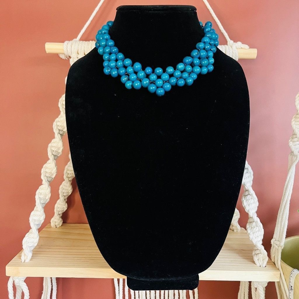 Vintage Vintage 1970s Beaded Collar Choker Necklace Teal Blue Stone Size ONE SIZE - 1 Thumbnail