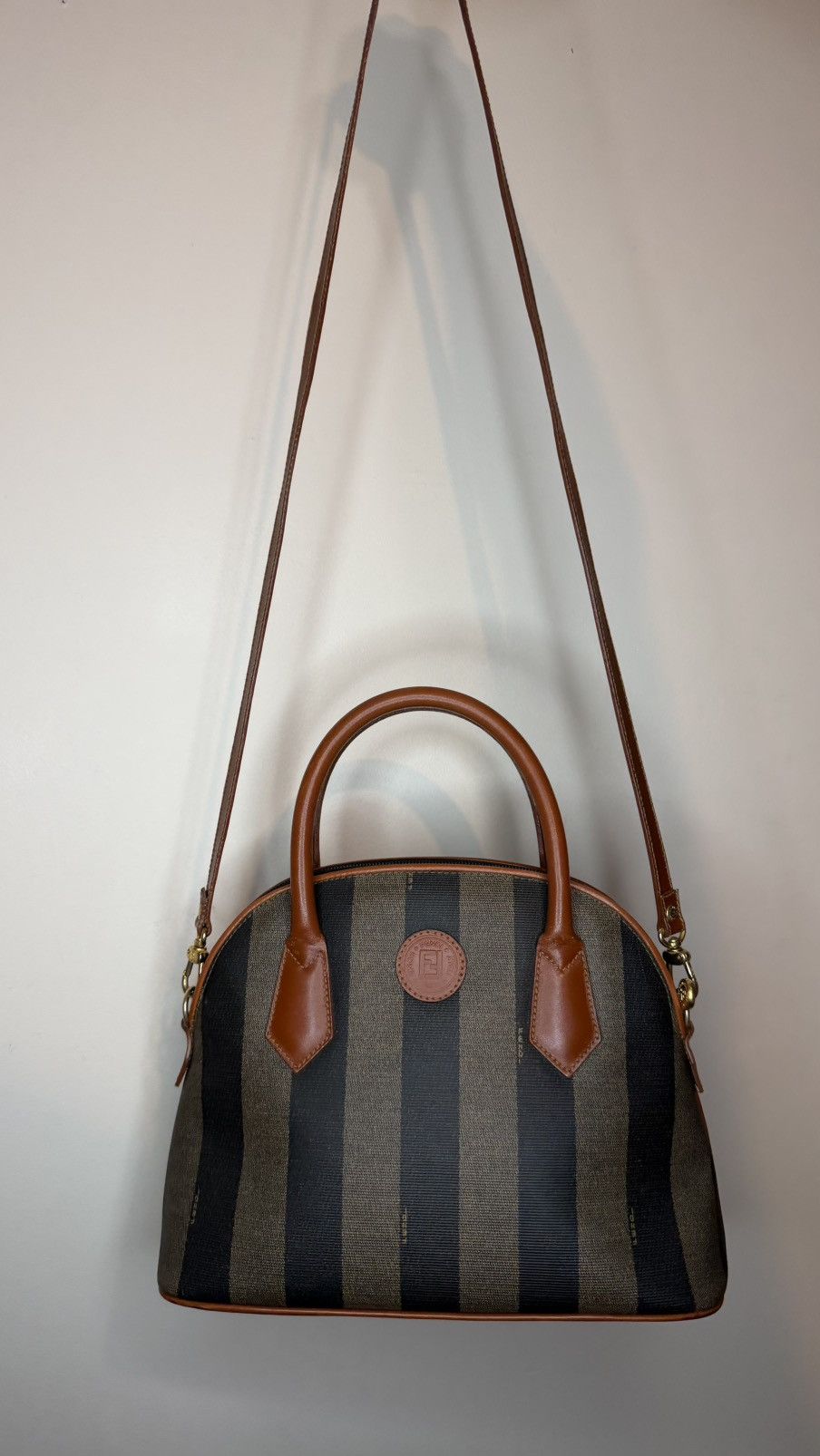 Fendi Fendi Brown Striped Pequin Canvas Dome Handbag with Leather Size ONE SIZE - 5 Thumbnail