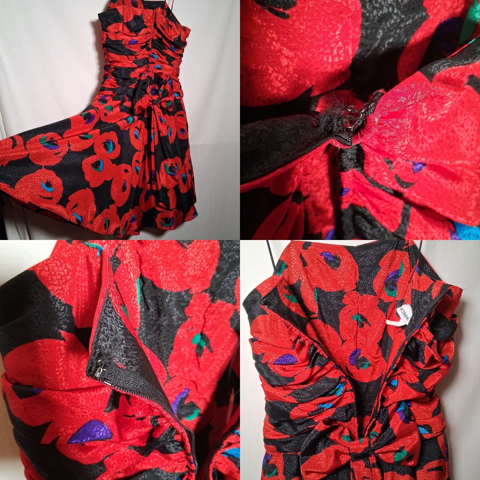 Vintage VINTAGE Apostrophe 1980s Party Dress Red Black Floral Satin Sleeveless Satin Spaghetti Straps Party Dress 13/14 Adults Girls Womens Size XL / US 12-14 / IT 48-50 - 10 Thumbnail