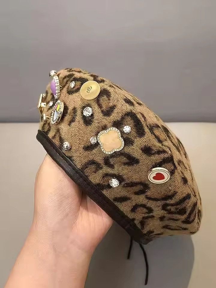 Vintage Buttons Diamonds Rhinestone Leopard Printed Berets Hat Size ONE SIZE - 3 Thumbnail