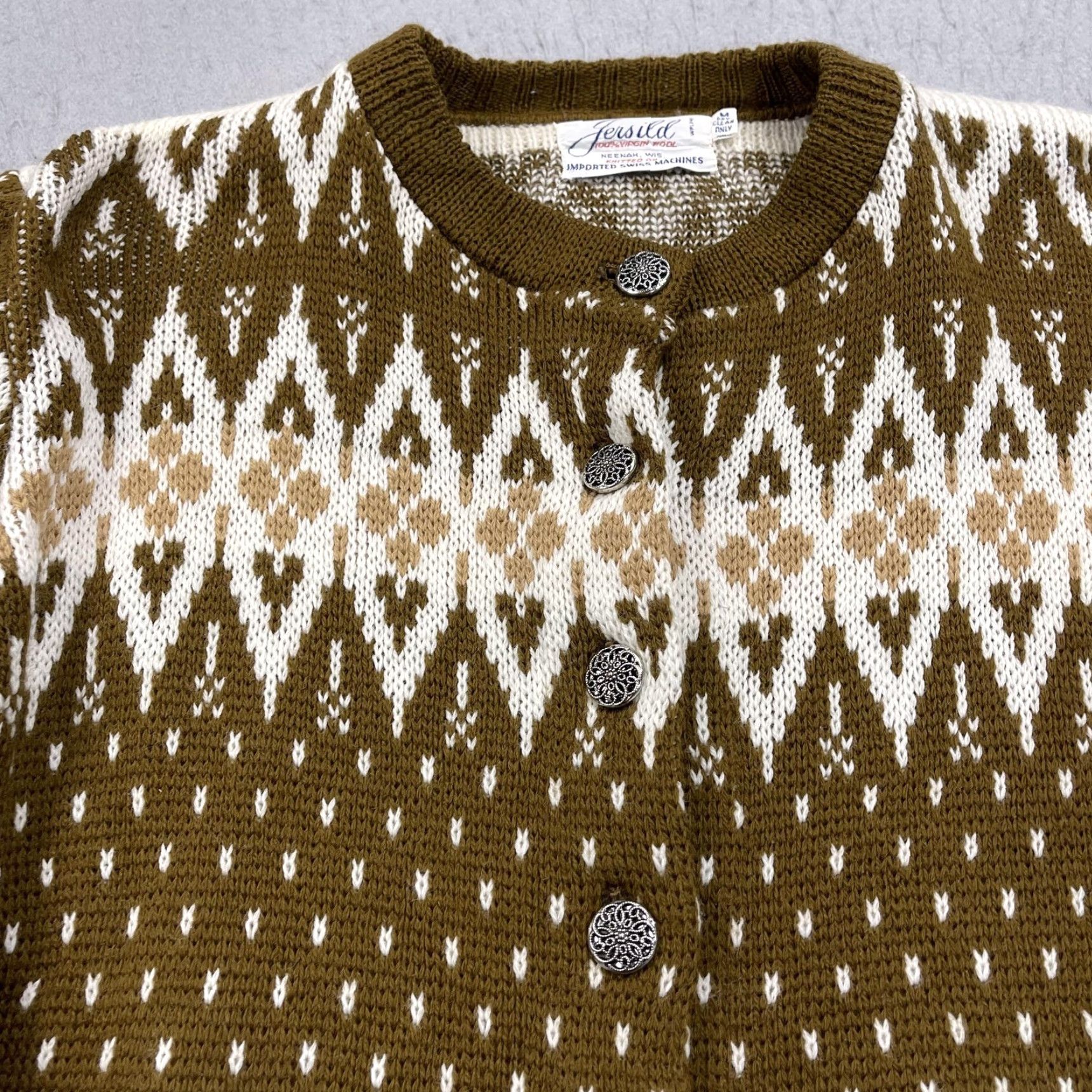 Vintage VINTAGE Jersild Cardigan Womens M Brown 100% Wool Fair Isle Crew Neck Button-Front Knit Size M / US 6-8 / IT 42-44 - 4 Thumbnail
