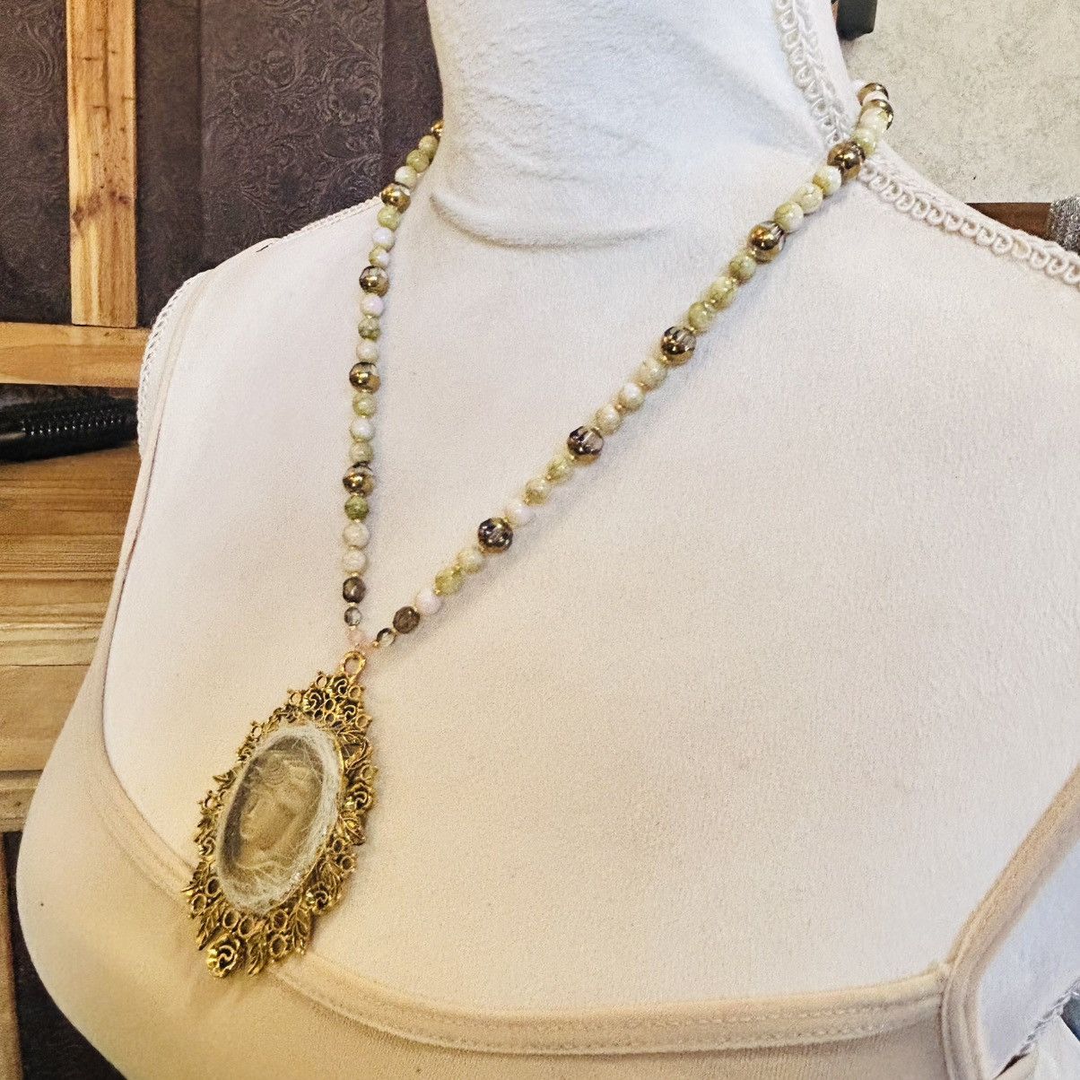 Handmade Handcrafted ice queen raised 3-D cameo beaded necklace Size ONE SIZE - 4 Thumbnail