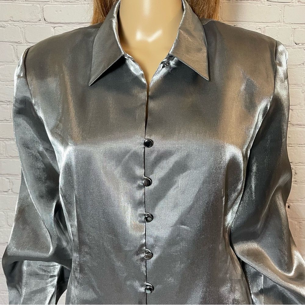 Other Vintage Carlisle Silver Silk Blend Long Sleeve Blouse Size Size XL / US 12-14 / IT 48-50 - 2 Thumbnail