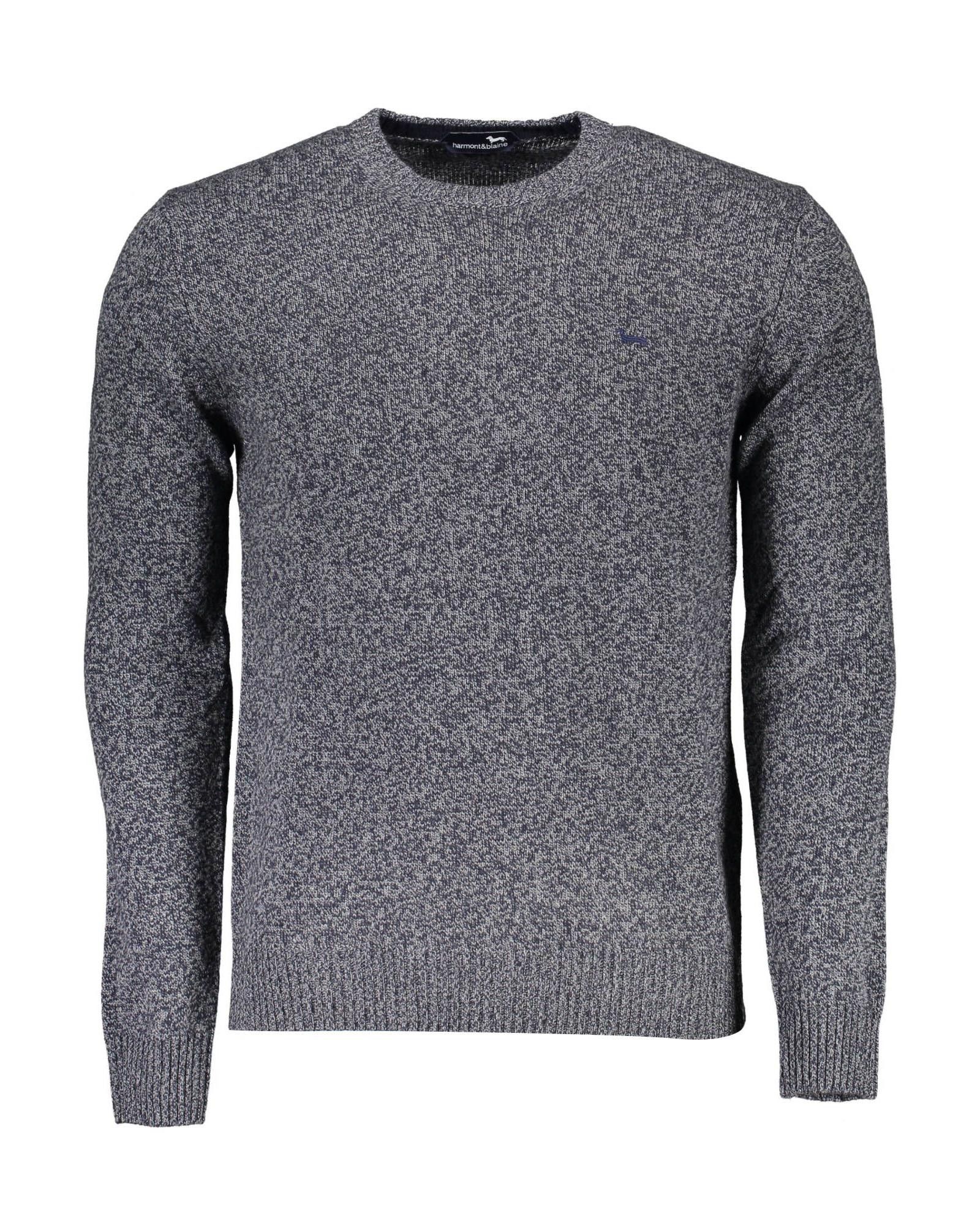 image of Harmont Blaine Wool Crew Neck Shirt With Contrasting Details And Logo Embroidery in Blue (Size XL)