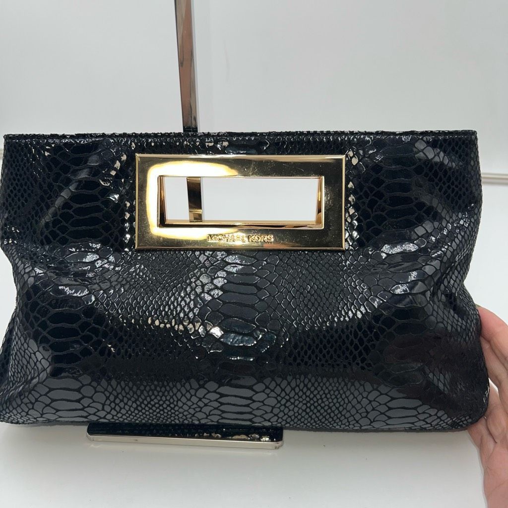 Michael Kors Michael Michael Kors Snake Embossed Shiny Suede Metal Branded Handle Clutch Size ONE SIZE - 4 Thumbnail