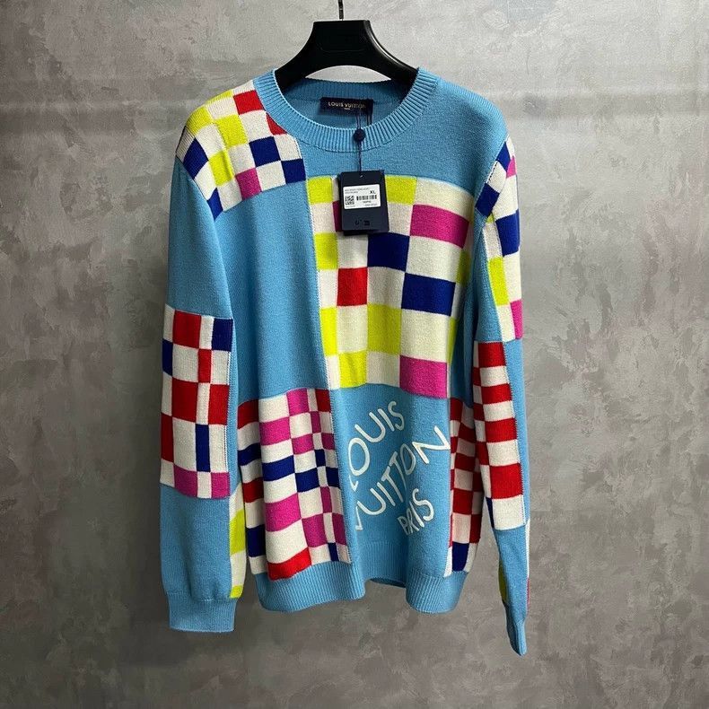 Louis Vuitton Louis Vuitton Blue Checkerboard Crewneck Sweater Size US XL / EU 56 / 4 - 2 Thumbnail