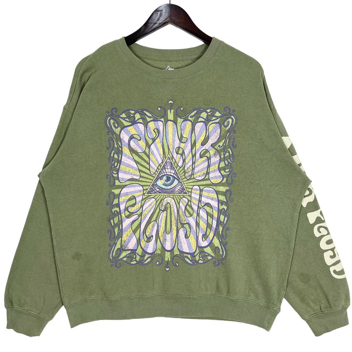 image of Band Tees x Rock Band Pink Floyd English Rock Band Illuminati Hippies Sweatshirt in Green (Size Lar