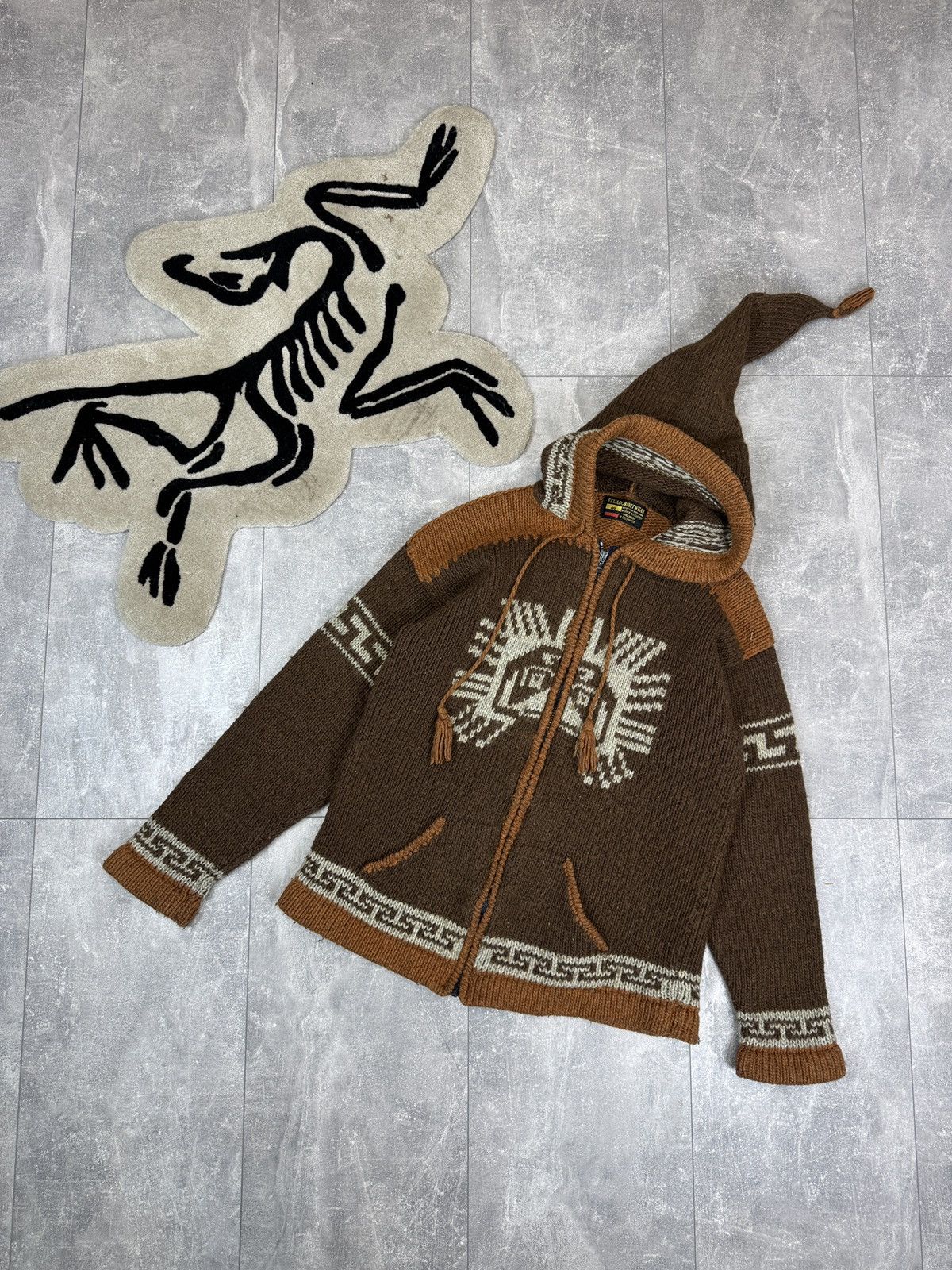 Handmade Mens Vintage Pachamama style zip hoody jacket hand knitted Size US M / EU 48-50 / 2 - 1 Thumbnail